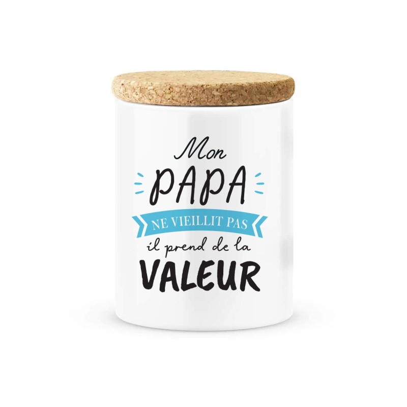 Pot céramique avec couvercle en liège citation imprimé Mon papa ne vieillit pas il prend de la valeur