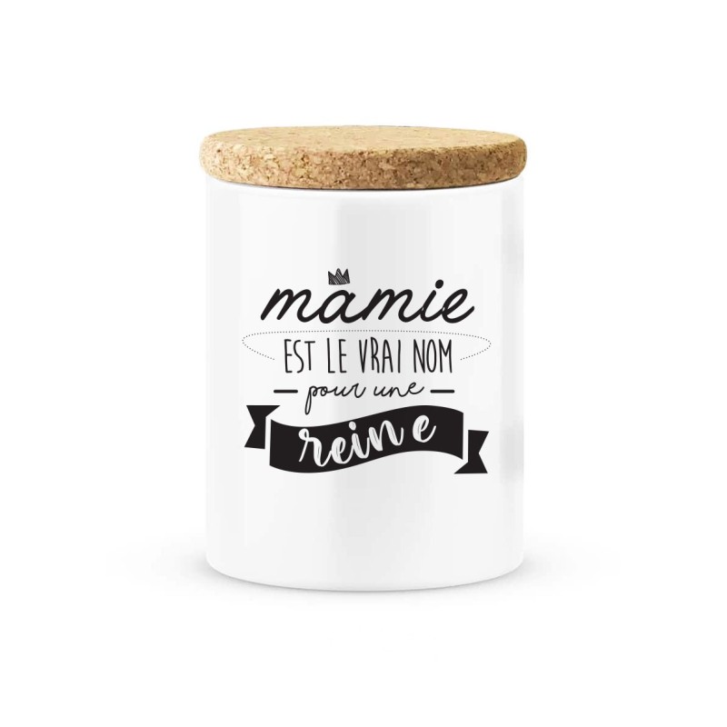 Pot céramique avec couvercle en liège citation imprimé Mamie est le vrai nom pour une reine