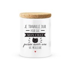 Pot céramique avec couvercle en liège citation imprimé Je travaille dur pour que mon chat puisse avoir une vie meilleure