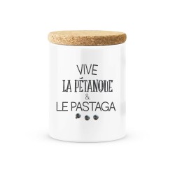 Pot céramique avec couvercle en liège citation imprimé Vive la pétanque et la pataga