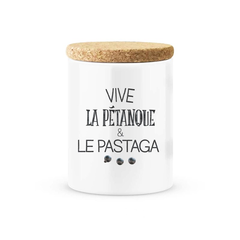 Pot céramique avec couvercle en liège citation imprimé Vive la pétanque et la pataga