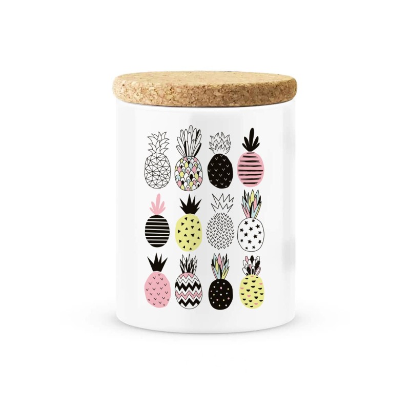 Pot céramique avec couvercle en liège citation imprimé illustration Ananas