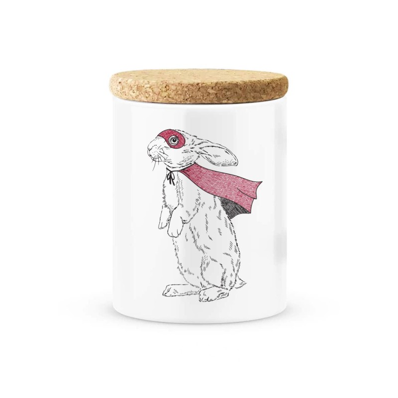 Pot céramique avec couvercle en liège citation imprimé illustration Lapin super heros