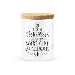 Pot céramique avec couvercle en liège citation imprimé On a du se débarrasser des gamins chat allergique
