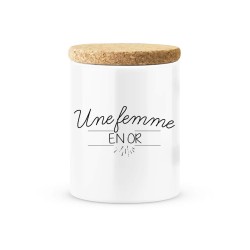 Pot céramique avec couvercle en liège citation imprimé Une femme en or