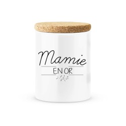 Pot céramique avec couvercle en liège citation imprimé Mamie en or