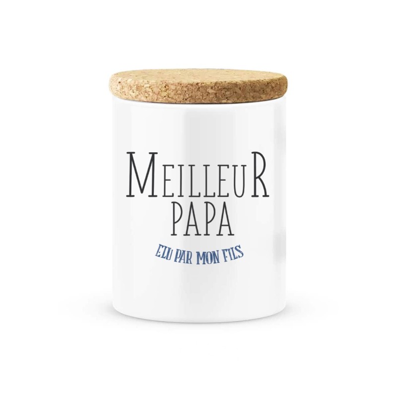 Pot céramique avec couvercle en liège citation imprimé Meilleur papa élu par mon fils