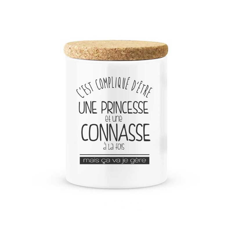 Pot céramique avec couvercle en liège citation imprimé C'est compliqué d'être une princesse et une connasse a la fois