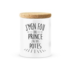 Pot céramique avec couvercle en liège citation imprimé J'men fou du prince j'ai des potes