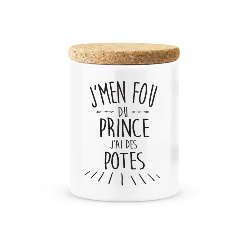 Pot céramique avec couvercle en liège citation imprimé J'men fou du prince j'ai des potes
