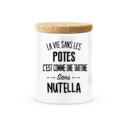 Pot céramique avec couvercle en liège citation imprimé La vie sans les potes c'es comme une tartine sans nutella