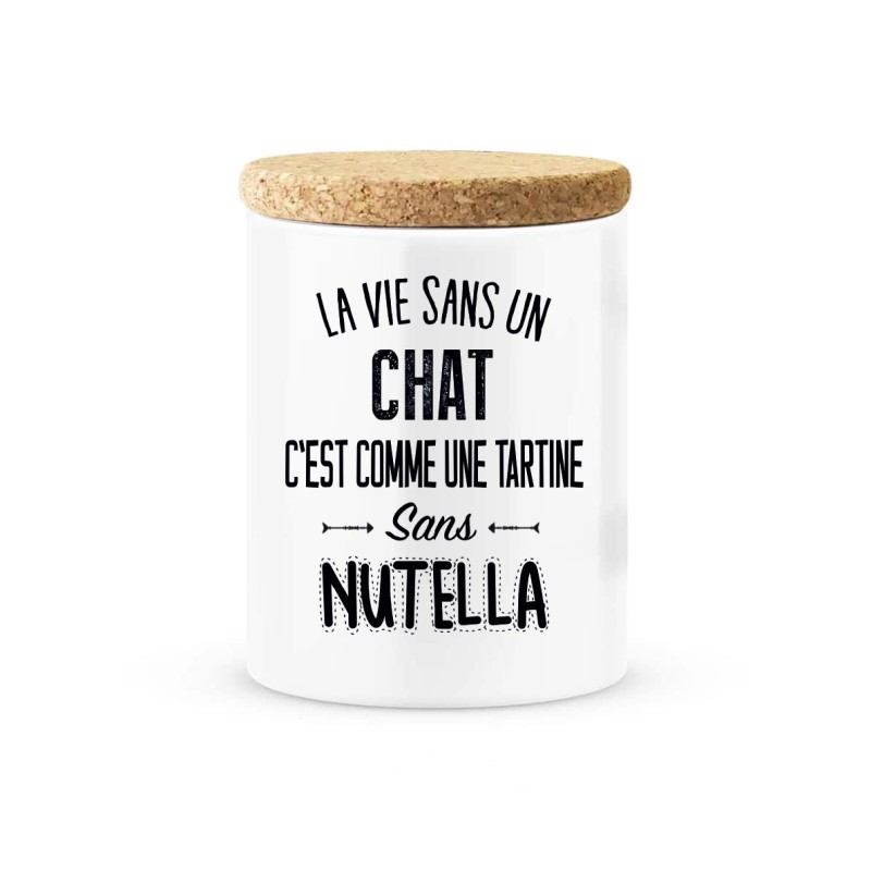 Pot céramique avec couvercle en liège citation imprimé La vie sans un chat c'est comme une tartine sans nutella