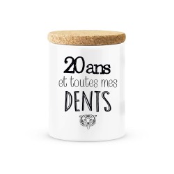 Pot céramique avec couvercle en liège citation imprimé Anniversaire 20 ans et toutes mes dents
