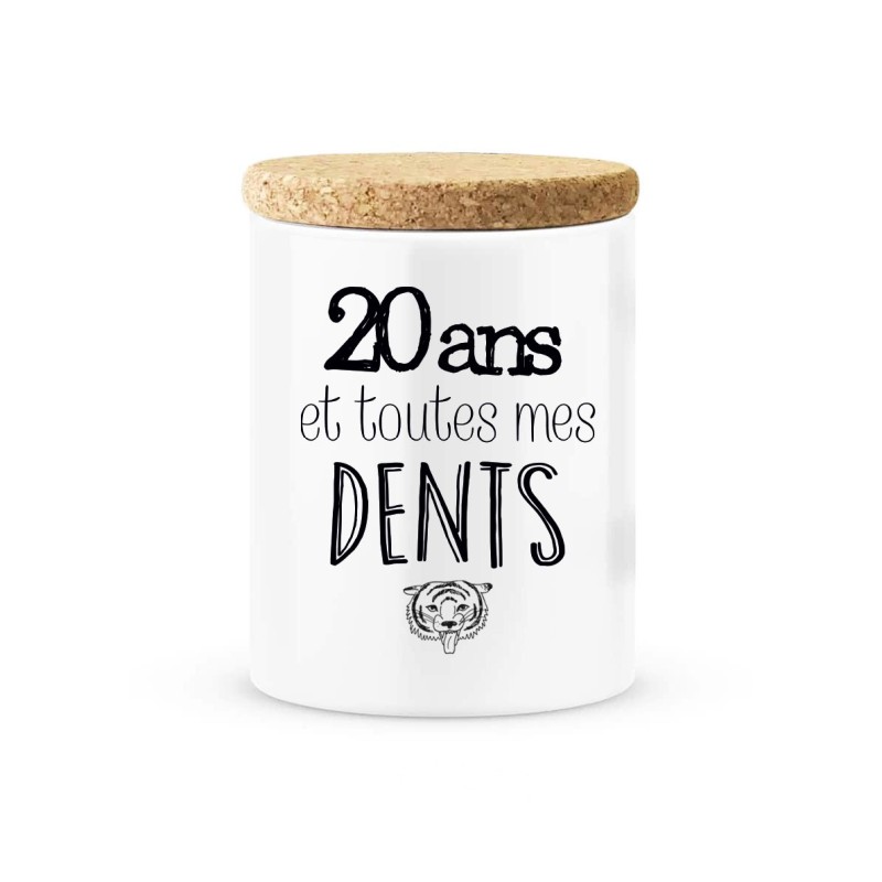 Pot céramique avec couvercle en liège citation imprimé Anniversaire 20 ans et toutes mes dents