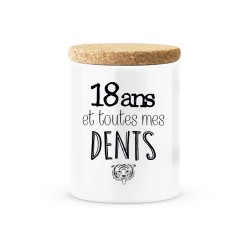 Pot céramique avec couvercle en liège citation imprimé Anniversaire 18 ans et toutes mes dents