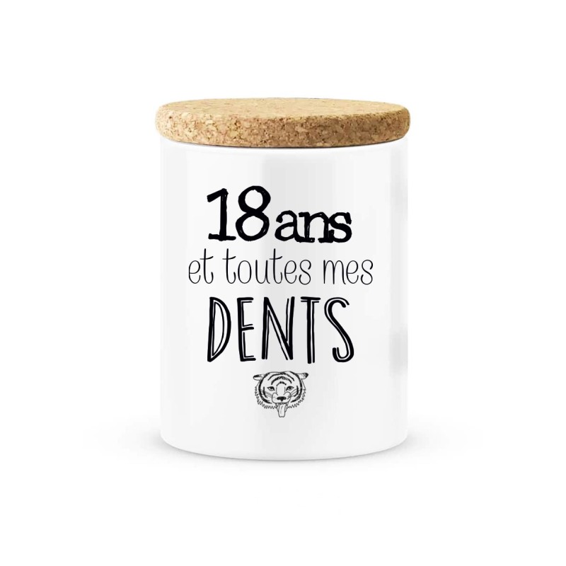 Pot céramique avec couvercle en liège citation imprimé Anniversaire 18 ans et toutes mes dents