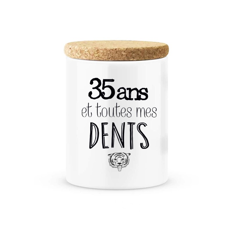 Pot céramique avec couvercle en liège citation imprimé Anniversaire 35 ans et toutes mes dents