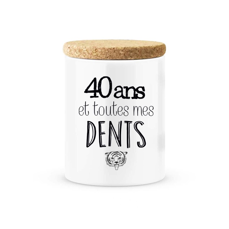Pot céramique avec couvercle en liège citation imprimé Anniversaire 40 ans et toutes mes dents