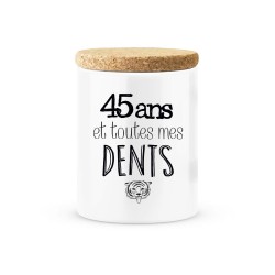 Pot céramique avec couvercle en liège citation imprimé Anniversaire 45 ans et toutes mes dents