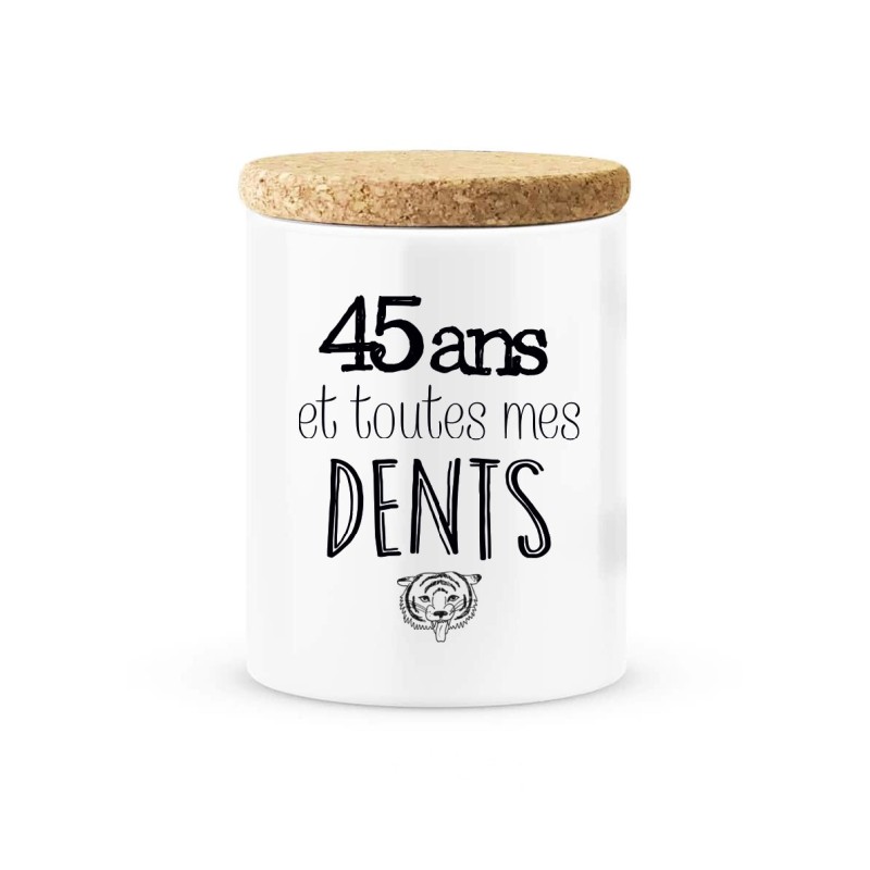 Pot céramique avec couvercle en liège citation imprimé Anniversaire 45 ans et toutes mes dents
