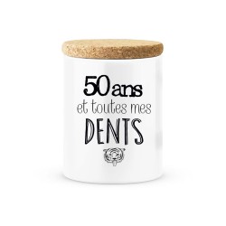Pot céramique avec couvercle en liège citation imprimé Anniversaire 50 ans et toutes mes dents