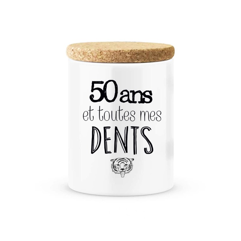 Pot céramique avec couvercle en liège citation imprimé Anniversaire 50 ans et toutes mes dents