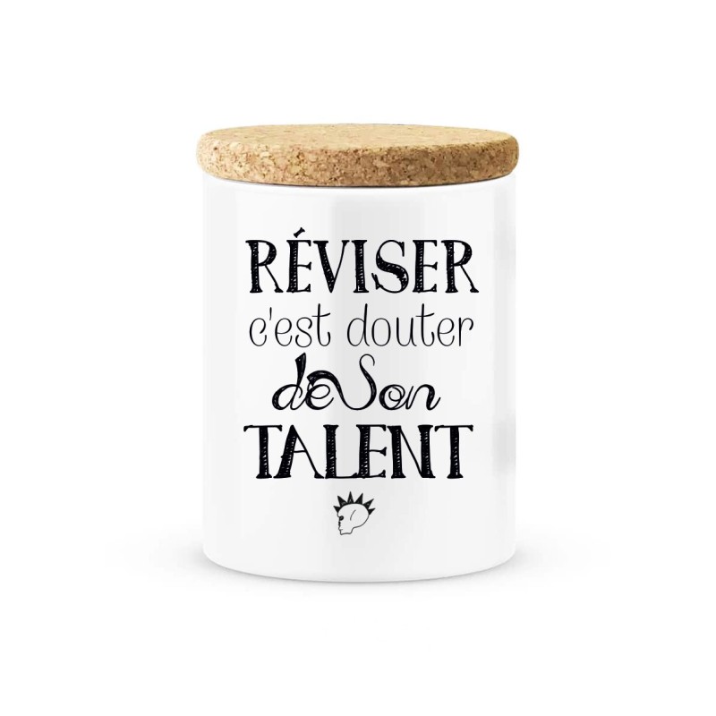 Pot céramique avec couvercle en liège citation imprimé Réviser c'est douter de son talent