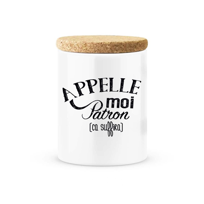 Pot céramique avec couvercle en liège citation imprimé Appelle moi patron ca suffira