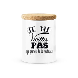 Pot céramique avec couvercle en liège citation imprimé Je ne vieillis pas je prends de la valeur