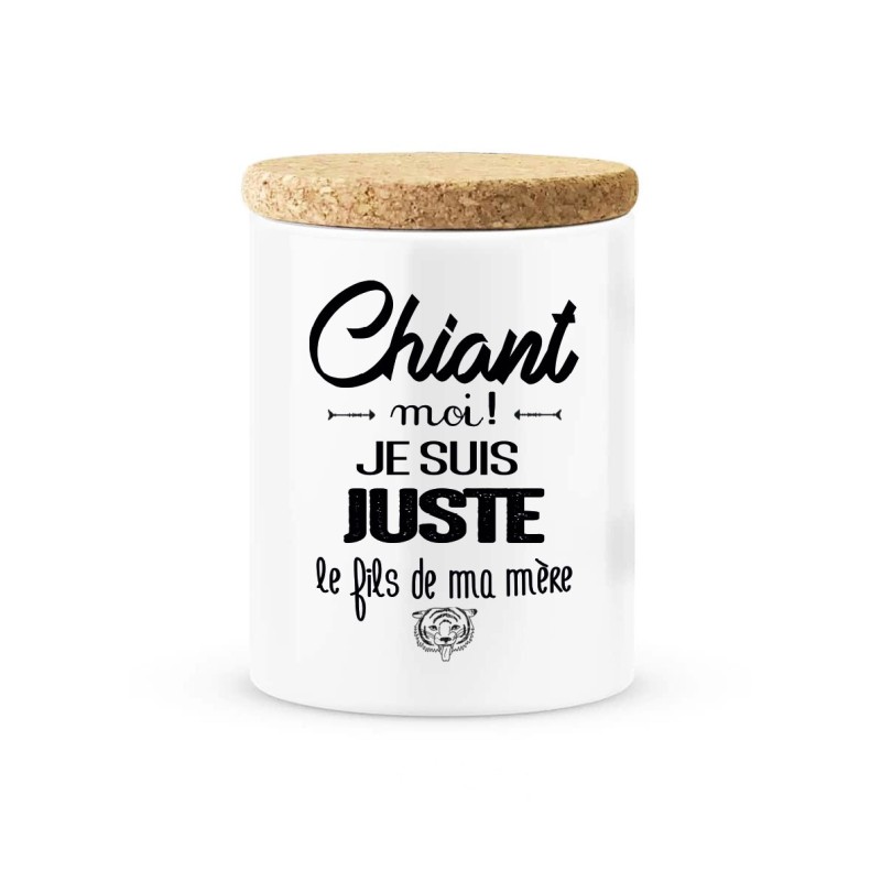 Pot céramique avec couvercle en liège citation imprimé Chiant moi je suis juste le fils de ma mère