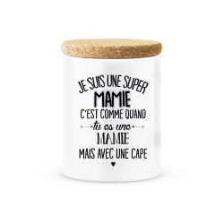 Pot céramique avec couvercle en liège citation imprimé Je suis une super mamie avec une cape