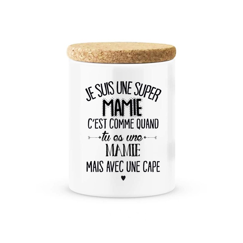 Pot céramique avec couvercle en liège citation imprimé Je suis une super mamie avec une cape