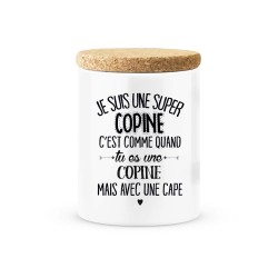 Pot céramique avec couvercle en liège citation imprimé Je suis une super copine avec une cape