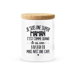Pot céramique avec couvercle en liège citation imprimé Je suis une super maman avec une cape