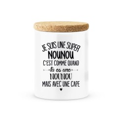 Pot céramique avec couvercle en liège citation imprimé Je suis une super nounou avec une cape