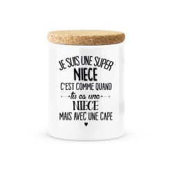Pot céramique avec couvercle en liège citation imprimé Je suis une super niece avec une cape
