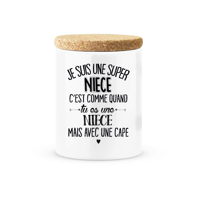 Pot céramique avec couvercle en liège citation imprimé Je suis une super niece avec une cape