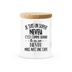 Pot céramique avec couvercle en liège citation imprimé Je suis un super neveu avec une cape