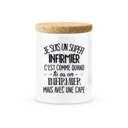 Pot céramique avec couvercle en liège citation imprimé Je suis un super infirmier avec une cape