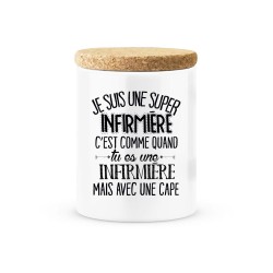 Pot céramique avec couvercle en liège citation imprimé Je suis une super infirmière avec une cape
