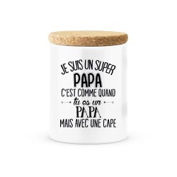 Pot céramique avec couvercle en liège citation imprimé Je suis un super papa avec une cape