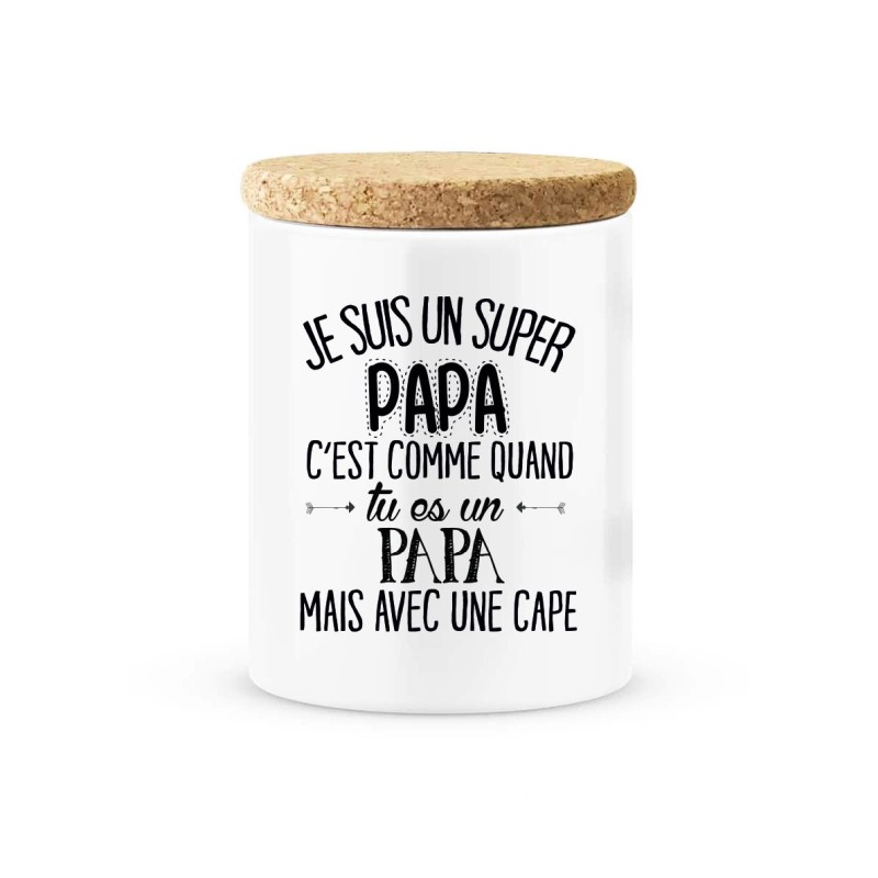 Pot céramique avec couvercle en liège citation imprimé Je suis un super papa avec une cape