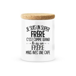 Pot céramique avec couvercle en liège citation imprimé Je suis un super frère avec une cape