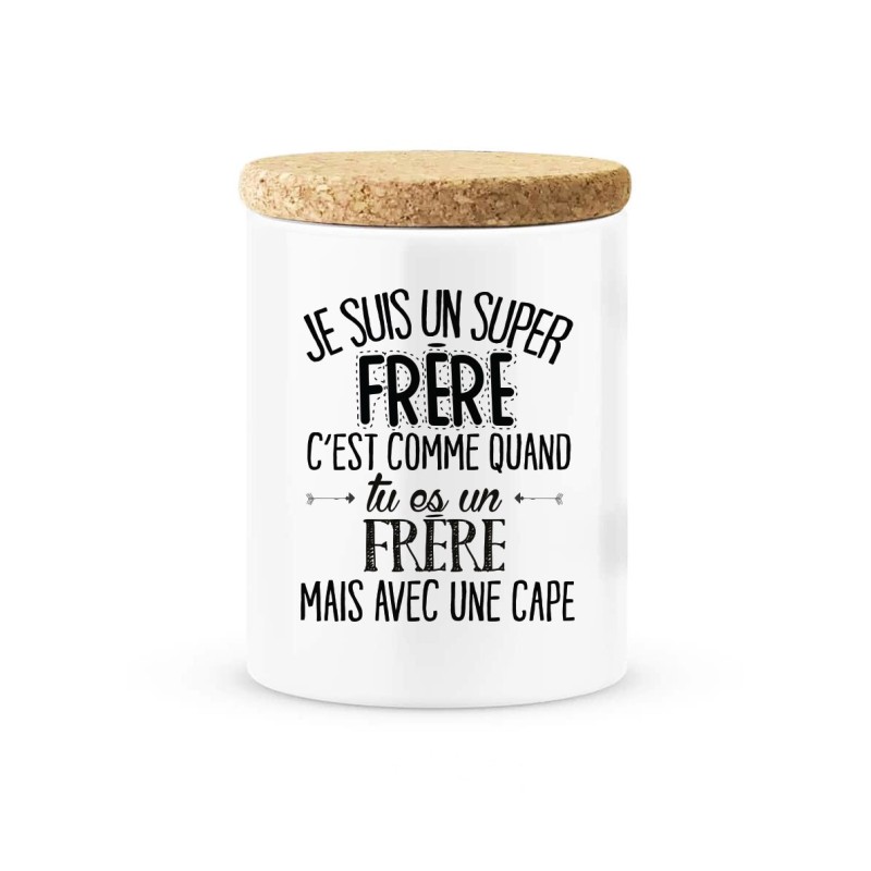 Pot céramique avec couvercle en liège citation imprimé Je suis un super frère avec une cape