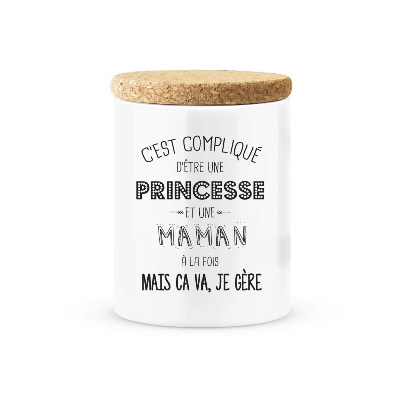 Pot céramique avec couvercle en liège citation imprimé C'est compliqué d'etre une princesse et une maman à la fois
