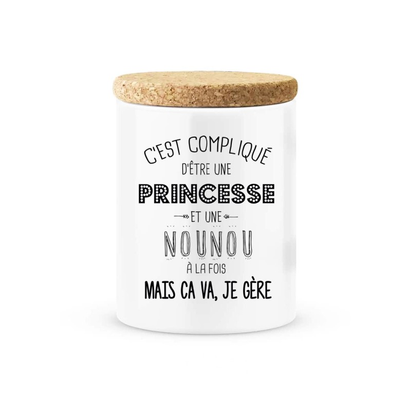 Pot céramique avec couvercle en liège citation imprimé C'est compliqué d'etre une princesse et une nounou à la fois