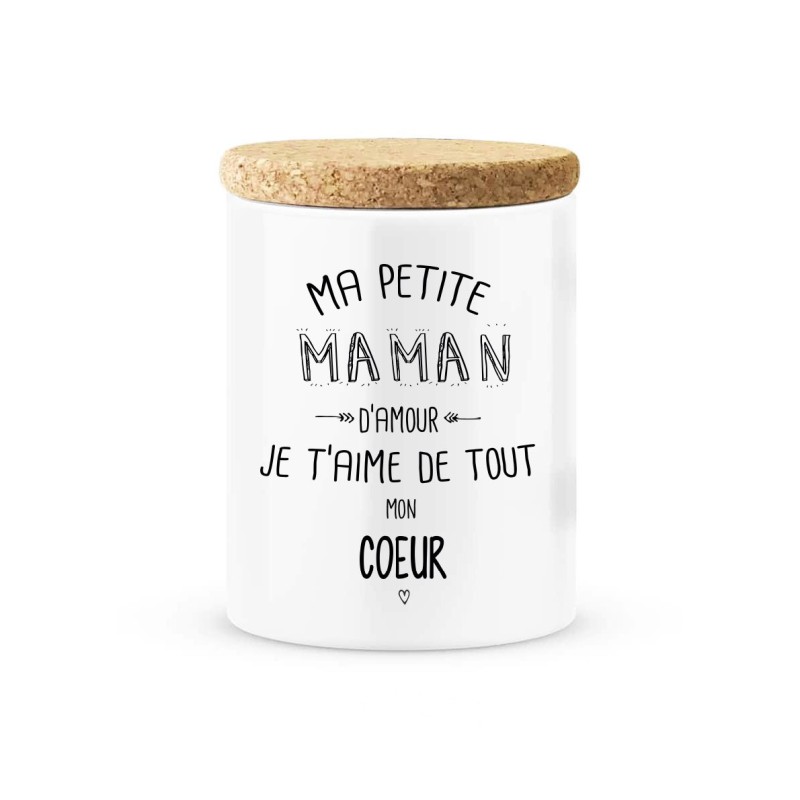 Pot céramique avec couvercle en liège citation imprimé Ma petite maman d'amour je t'aime de tout mon coeur