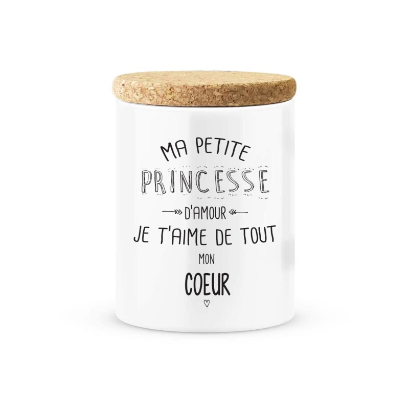 Pot céramique avec couvercle en liège citation imprimé Ma petite princesse d'amour je t'aime de tout mon coeur