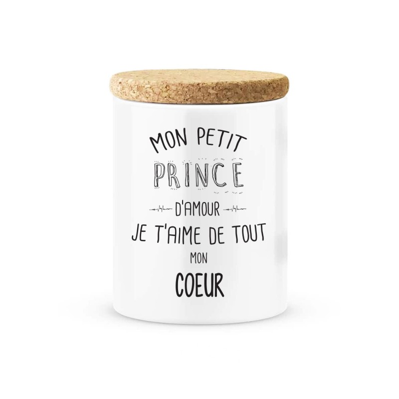 Pot céramique avec couvercle en liège citation imprimé Mon petit prince d'amour je t'aime de tout mon coeur