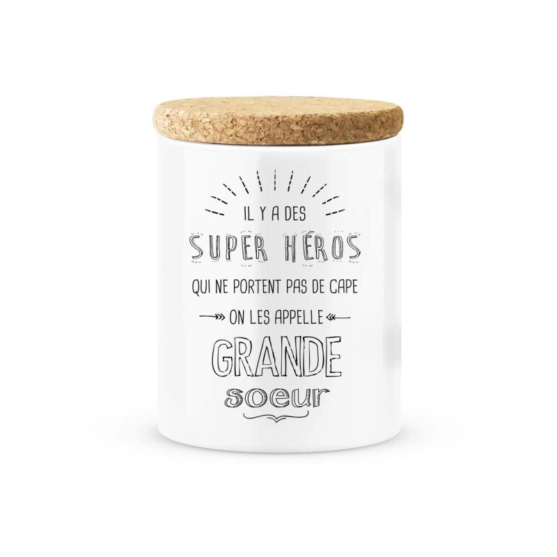 Pot céramique avec couvercle en liège citation imprimé Il y a des super héros qui ne portent pas de cape on les appelle grande s
